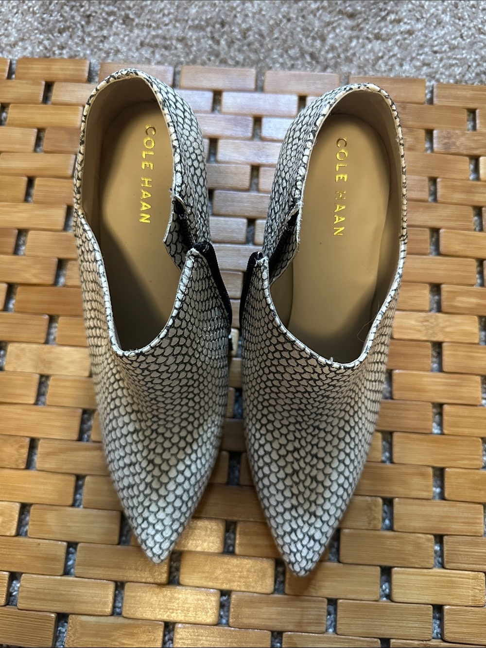 Cole Haan Women's Pointed Slip-On Mules in White and Black Snake Print